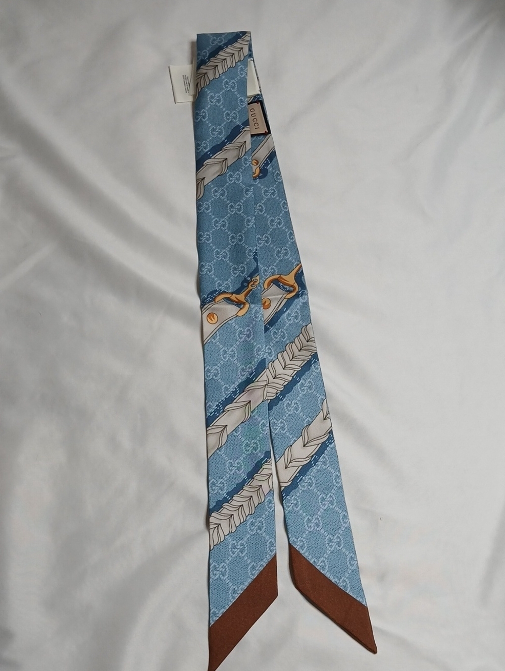 Gucci Blue Silk Twilly with Brown Tip and Equestrian Motif